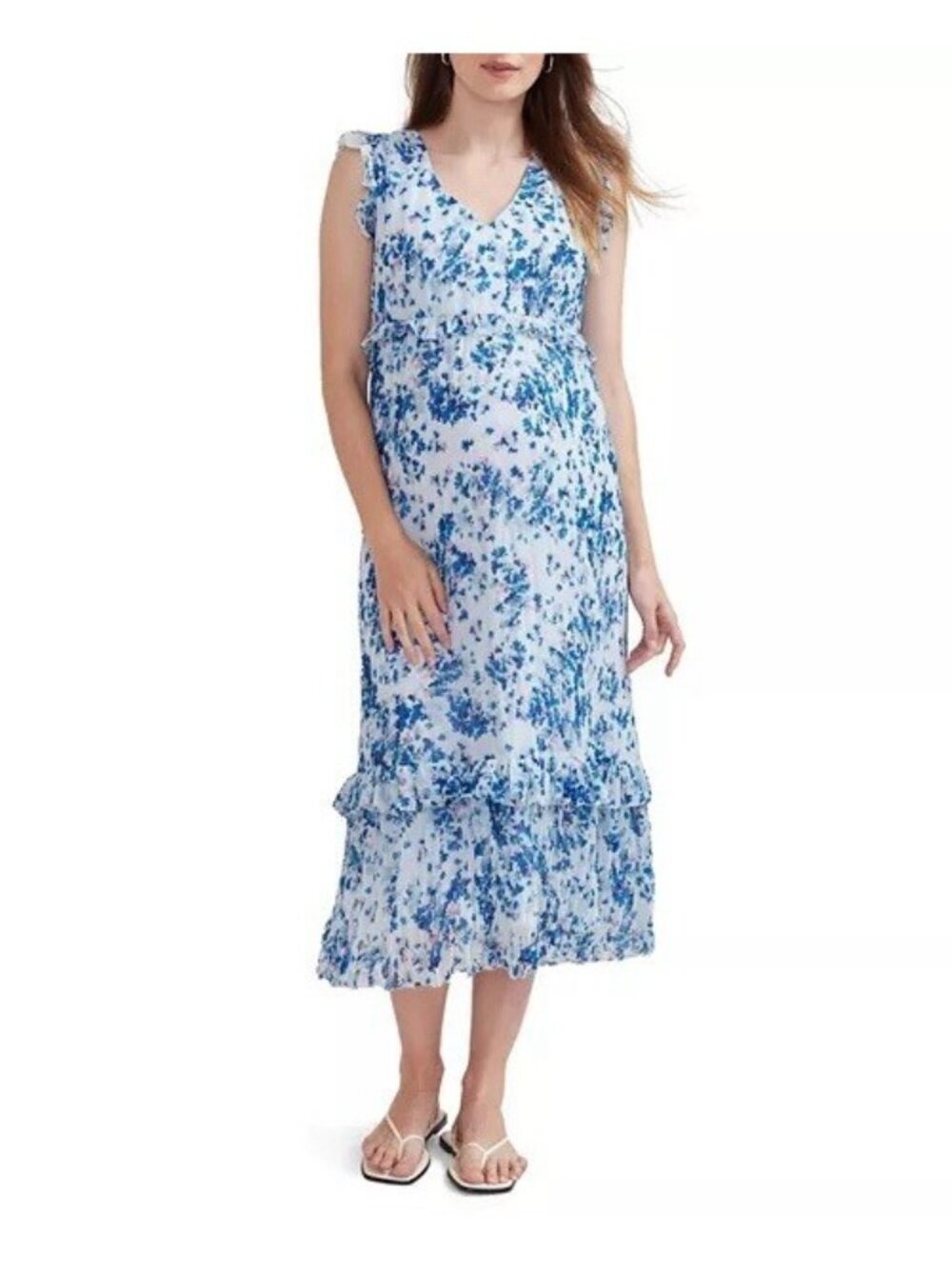 HATCH Collection The Luna Maternity Midi Dress Floral Blue